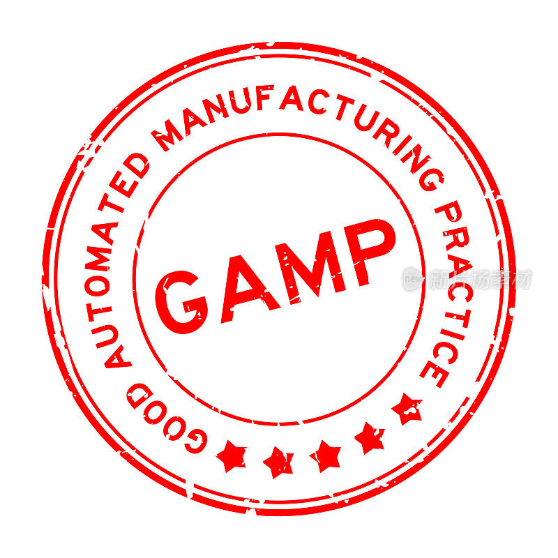 Grunge red GAMP Good Automated Manufacturing Practice word round rubber seal stamp on white background